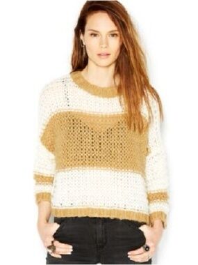 Free People Alpaca Blend Open-Weave Crewneck Sweater in Cream and Tan